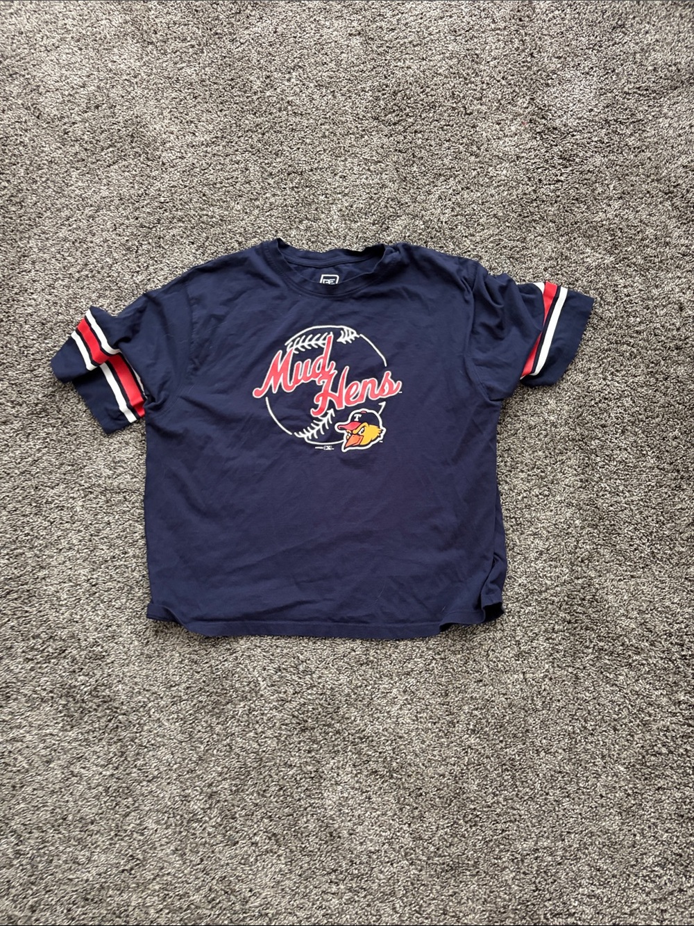 Pro Edge Navy Mud Hens Baseball Tee with Red & White Sleeve Stripes